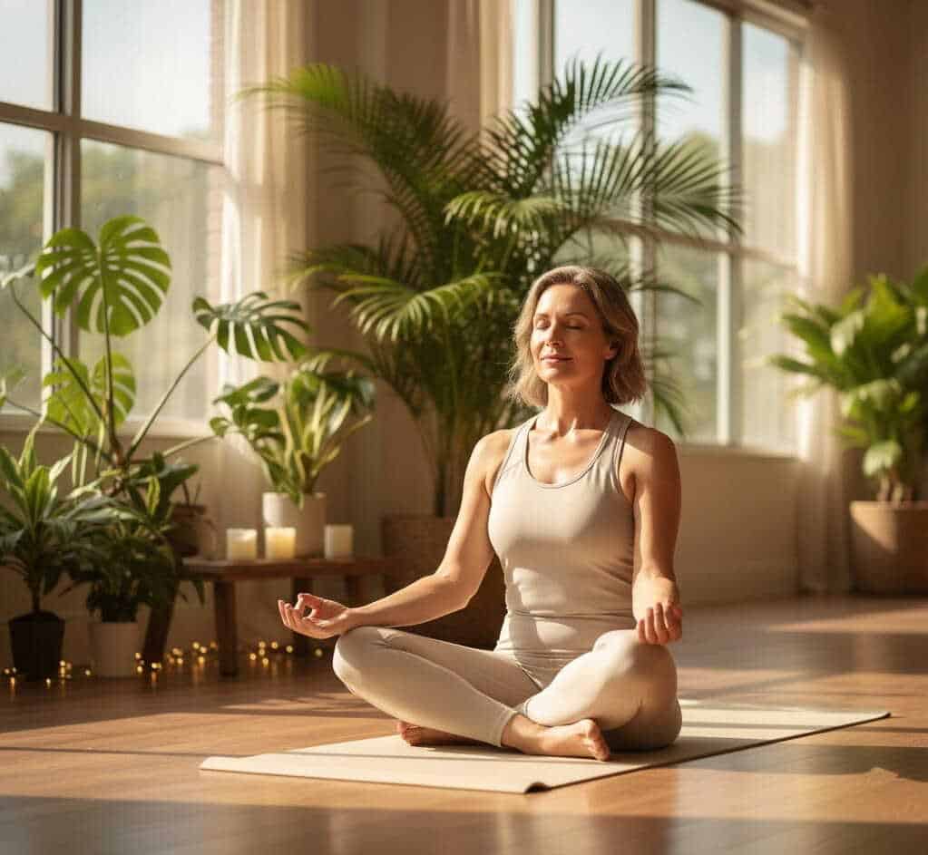 Femme dans la cinquantaine pratiquant la méditation dans un studio calme pour réduire le stress lié à la ménopause.